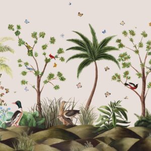 Illustratie van exotische vogels, bomen en vlinders op de Pierre Frey-stof Canaima F3727001.