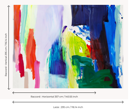 Abstract patroon van de Pierre Frey-stof "Karma" met kleurrijke verfstreken in felle tinten.