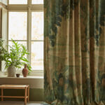 Gordijn van Pierre Frey-stof “Au Bord du Lac” met een natuurtafereel, hangend in een rustiek interieur met een houten bankje en aardewerken vazen.