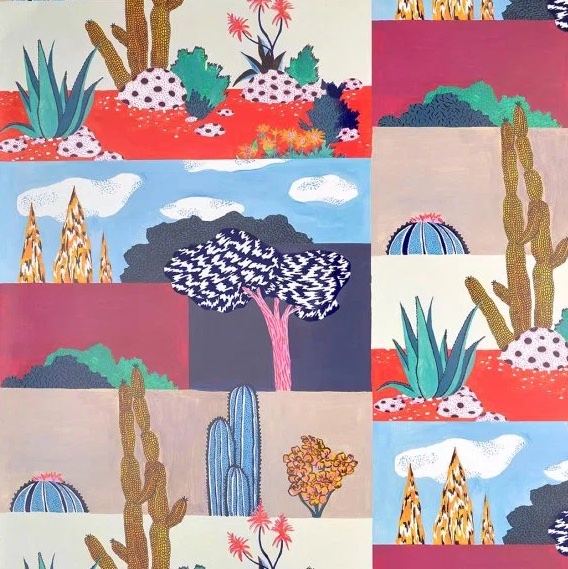 Kleurrijk Pierre Frey behang met gestileerd woestijnlandschap, cactussen en fantasiebomen in geometrische vlakken.