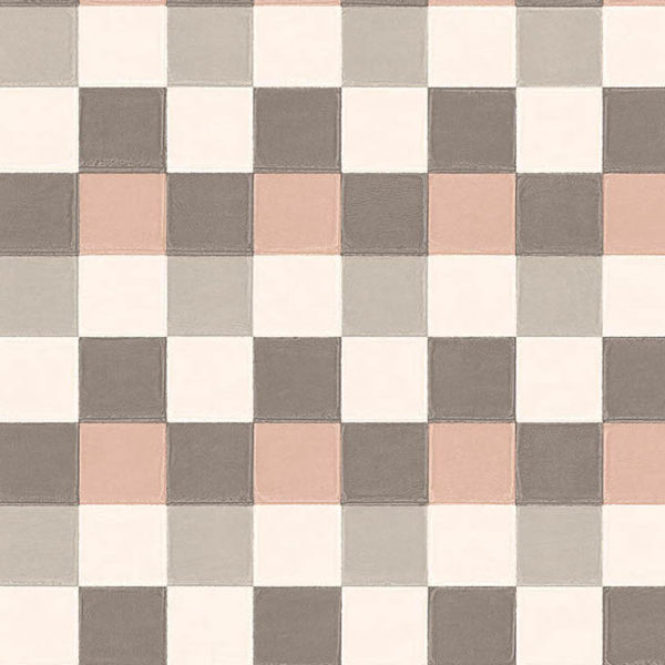 Vierkant tegelpatroon Plaza 21001 met afwisselende kleuren in beige, grijs, roze en wit.