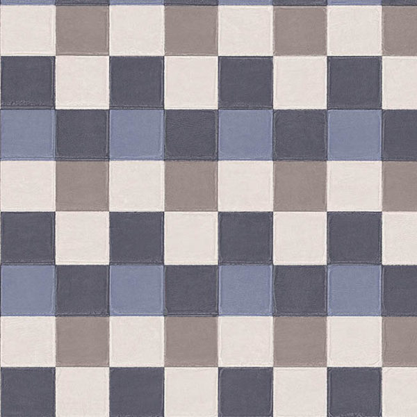 Tegelpatroon Plaza-21002 met afwisselend beige, grijze, blauwe en witte vierkante tegels in een schaakbordmotief.