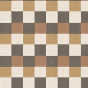 Geblokt tegelpatroon Plaza-21004 met vierkante tegels in beige, bruin, wit en grijstinten.