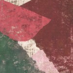 Abstracte compositie RM-256-01 met ruwe kleurvlakken in rood, groen, roze en beige.