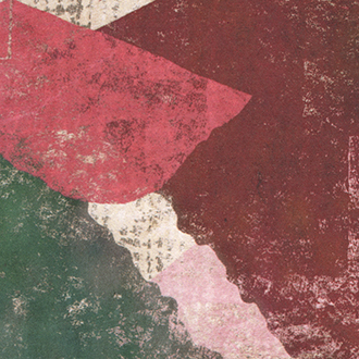 Abstracte compositie RM-256-01 met ruwe kleurvlakken in rood, groen, roze en beige.