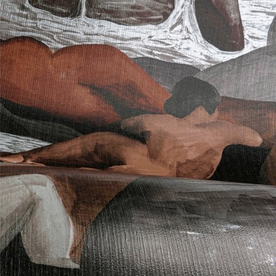 Schilderachtig detail van een liggend naaktfiguur in een abstracte, roodbruine en grijze rotsachtige omgeving uit het kunstwerk Saturnia3-HD0H-6.