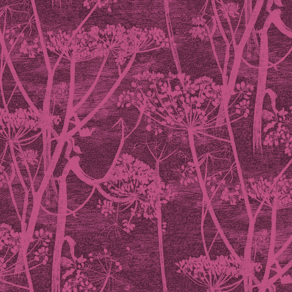 Behangpatroon van Cole and Son met roze fluitenkruid silhouetten op een dieproze fluwelen achtergrond.