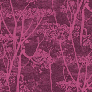 Behangpatroon van Cole and Son met roze fluitenkruid silhouetten op een dieproze fluwelen achtergrond.