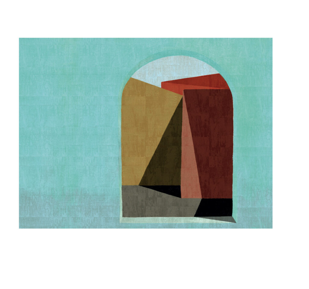 Abstracte compositie van geometrische vormen in aardetinten, gezien door een turkoois omlijnde boogvorm.