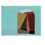 Abstracte compositie van geometrische vormen in aardetinten, gezien door een turkoois omlijnde boogvorm.