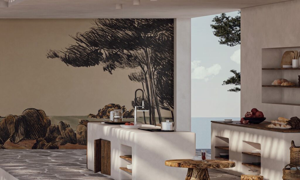 Modern ingerichte keuken met natuurstenen vloer, houten accenten en een wandbekleding met Elitis DM 901-01 landschapstekening.
