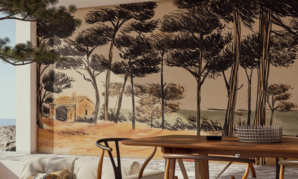 Muurschildering van een boslandschap met donkere bomen en een huisje, naast een houten eettafel in een sfeervolle zithoek.
