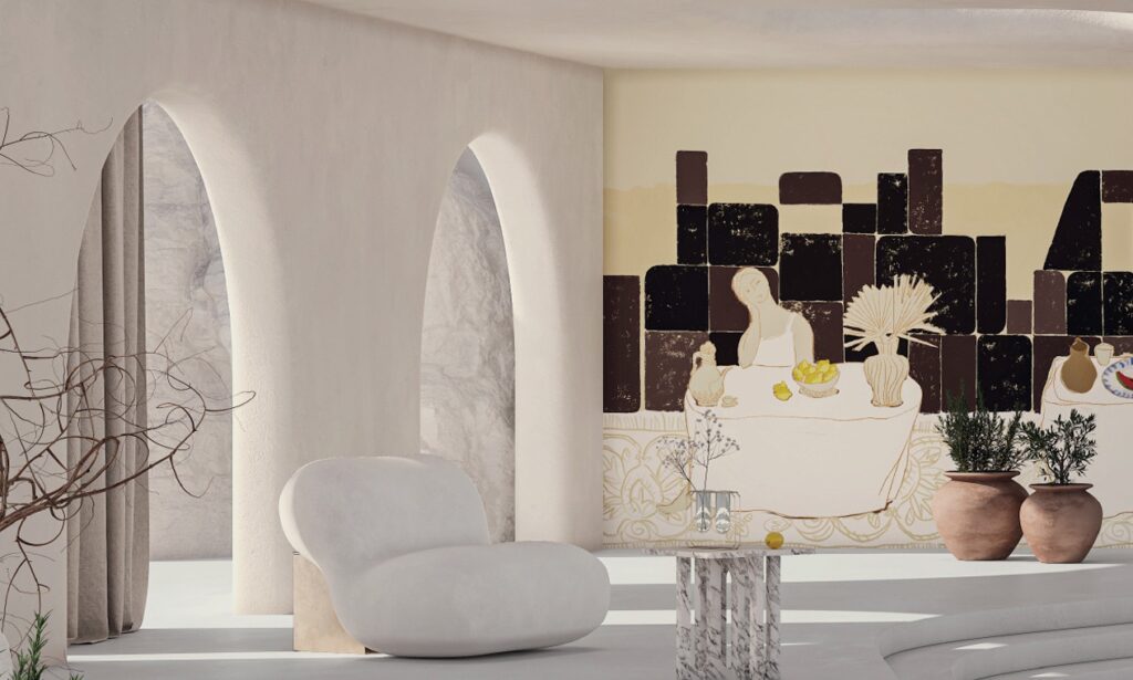 Minimalistisch interieur met witte meubels en een muurschildering van Elitis met een gestileerde tafelscène.