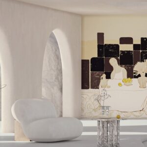 Minimalistisch interieur met witte meubels en een muurschildering van Elitis met een gestileerde tafelscène.