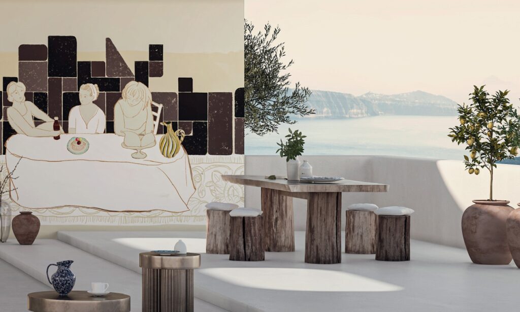 Stijlvol terras met houten eettafel, kunstmuur van Elitis en uitzicht op zee en bergen.