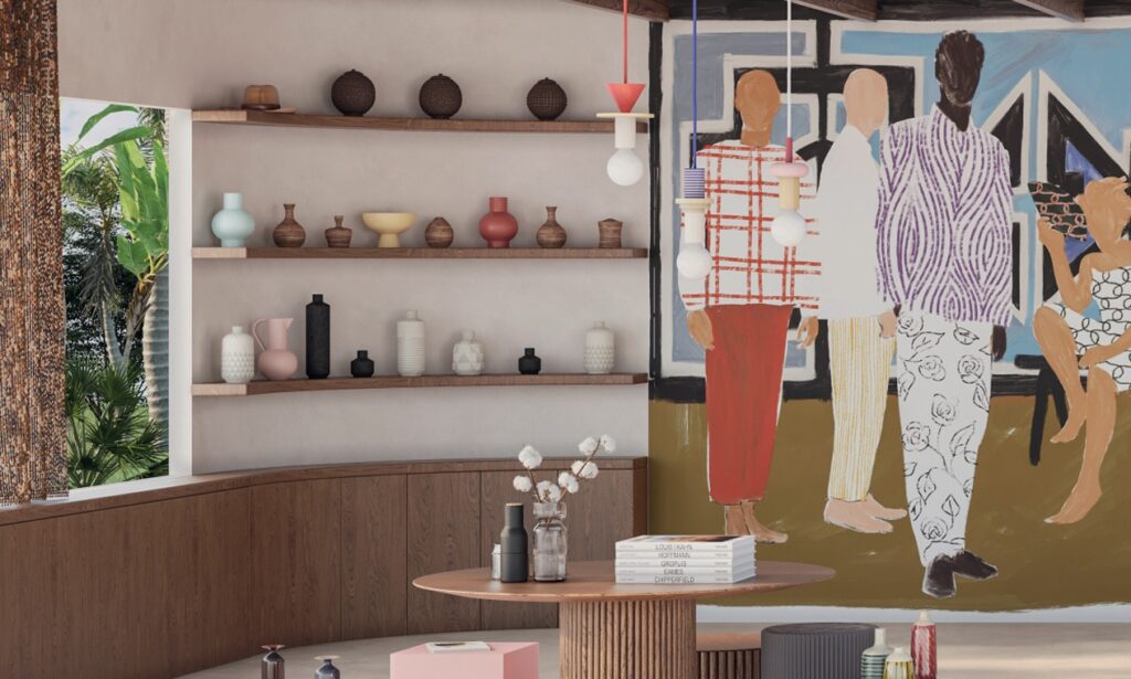 Stijlvol interieur met houten wandplanken vol decoratieve vazen en een kleurrijke muurschildering van gestileerde figuren.