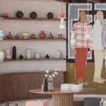 Stijlvol interieur met houten wandplanken vol decoratieve vazen en een kleurrijke muurschildering van gestileerde figuren.