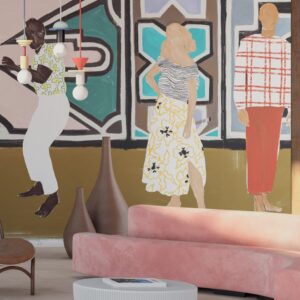 Interieur met roze fluwelen bank, rotan stoel en wanddecoratie van Elitis met kleurrijke, gestileerde figuren.