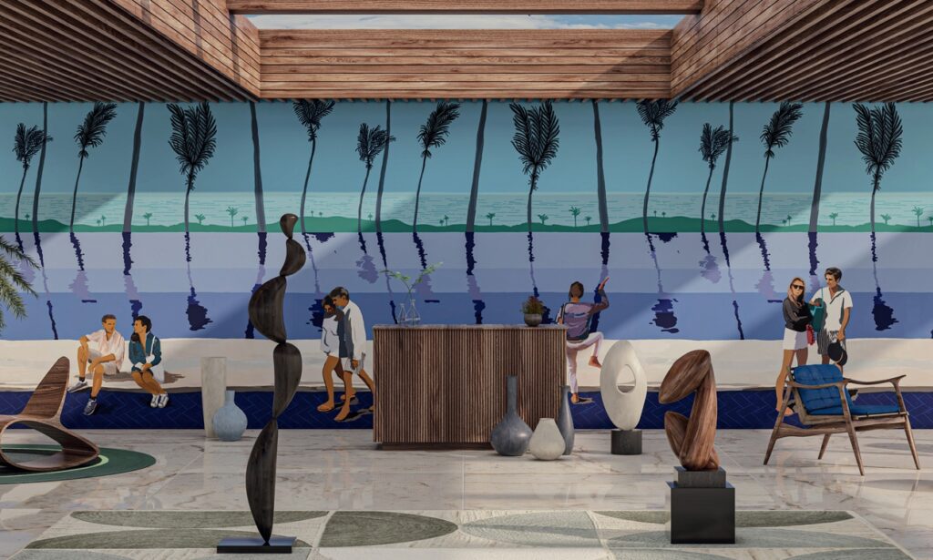 Moderne lobbyruimte met kunstobjecten en een kleurrijke muurdecoratie van palmbomen en mensen aan zee.