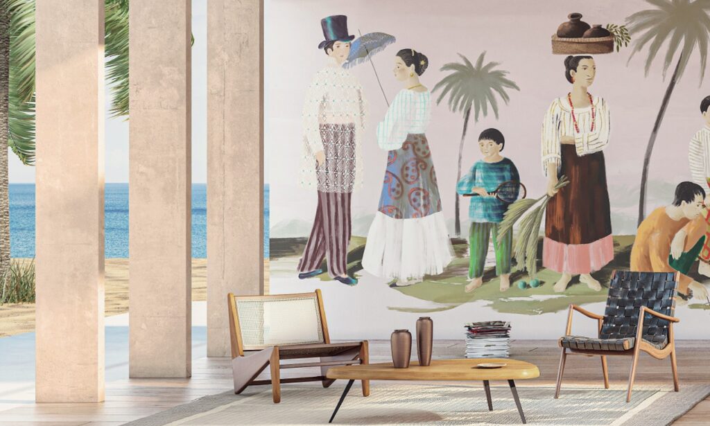 Moderne woonkamer met uitzicht op zee en een kleurrijke Elitis-muurschildering van mensen in traditionele kleding.