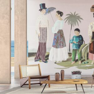 Moderne woonkamer met uitzicht op zee en een kleurrijke Elitis-muurschildering van mensen in traditionele kleding.