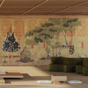 Muur met kleurrijk Elitis-behang met oosterse motieven, planten, vogels en twee vrouwelijke figuren in een minimalistisch Japans interieur.