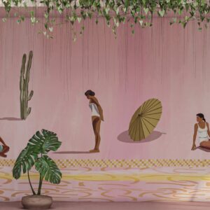 Muurschildering met tropisch decor en mensen in badkleding tegen een roze achtergrond met hangende groene bladeren.
