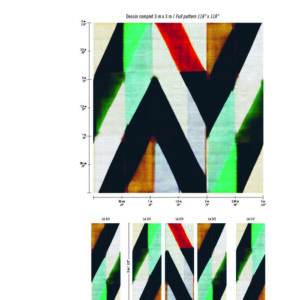 Abstract patroon met zwarte, rode, groene en gele diagonale vormen op een groot wandpaneel uit de Sunbeams-collectie van Elitis.