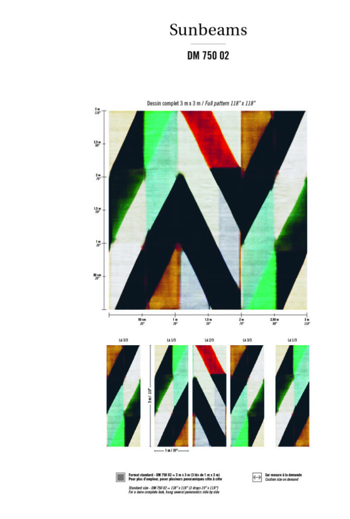 Abstract patroon met zwarte, rode, groene en gele diagonale vormen op een groot wandpaneel uit de Sunbeams-collectie van Elitis.