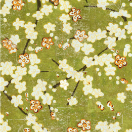Illustratie van bloeiende witte en oranje kersenbloesems op een groene achtergrond, getiteld "SOLEIL-LEVANT".