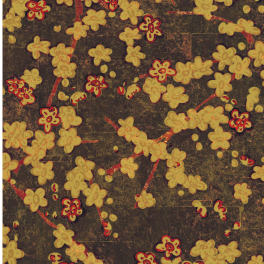 Decoratief patroon met gele en rode bloemen op een donkere achtergrond, geïnspireerd op het ontwerp "SOLEIL-LEVANT".