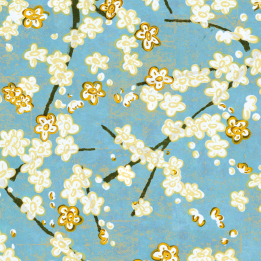 Bloesemtakken met witte en goudomrande bloemen tegen een lichtblauwe achtergrond in Japanse stijl.