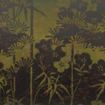 Gestileerde bloem- en plantmotieven in donkere silhouetten tegen een groenbruine achtergrond, gebaseerd op ontwerp TP-292-02.