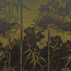 Gestileerde bloem- en plantmotieven in donkere silhouetten tegen een groenbruine achtergrond, gebaseerd op ontwerp TP-292-02.