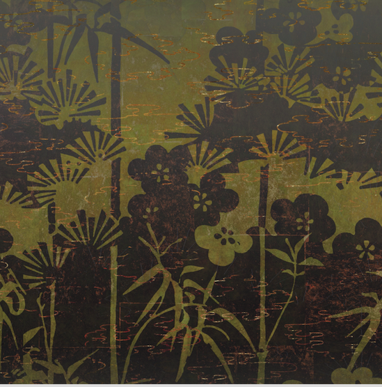 Gestileerde bloem- en plantmotieven in donkere silhouetten tegen een groenbruine achtergrond, gebaseerd op ontwerp TP-292-02.