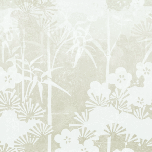 Abstract patroon TP-292-03 met witte bloemen en bamboevormen op een licht beige achtergrond.