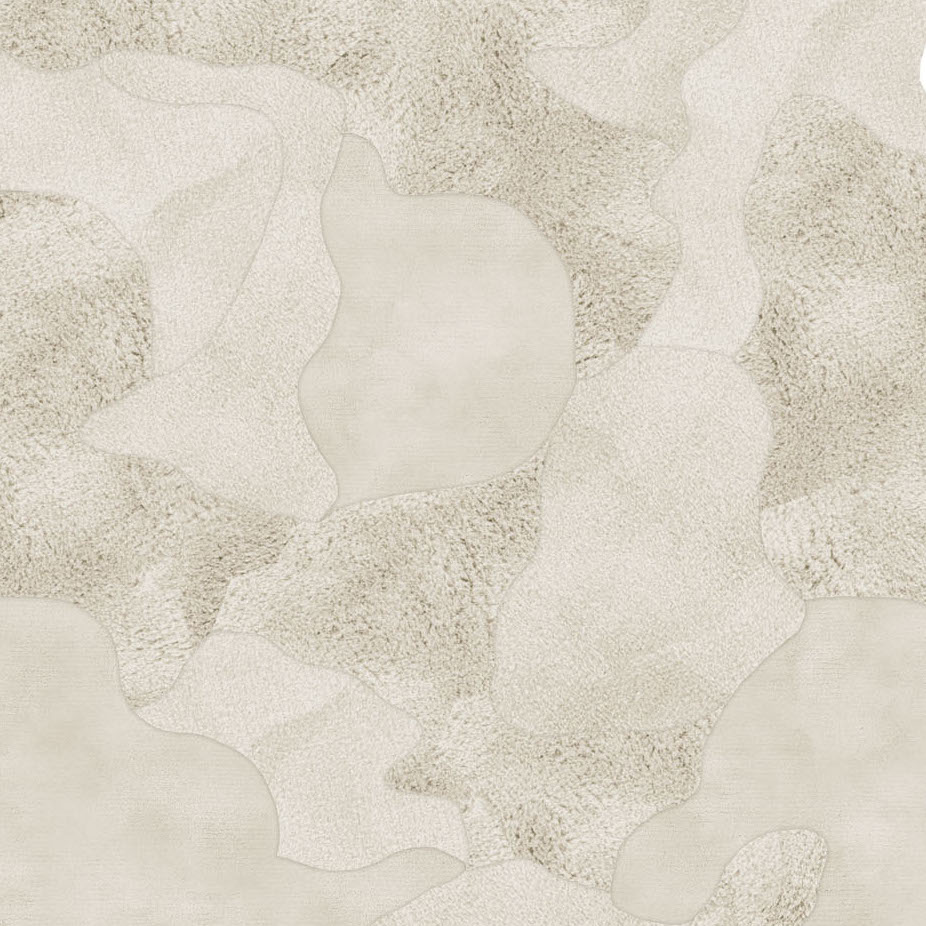 Bovenaanzicht van het Cosmic Cocoon Alabaster Rectangle vloerkleed met organische vormen en texturen in zachte beige- en crèmetinten.
