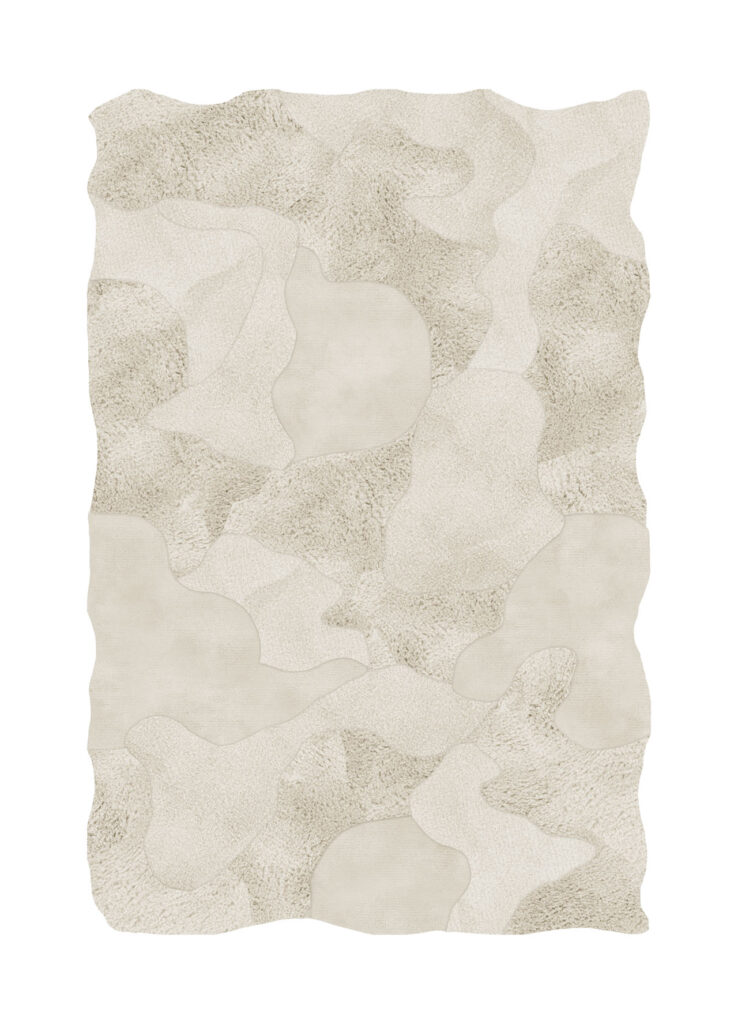 Top view van het rechthoekige vloerkleed 'Cosmic Cocoon Alabaster' met een abstract patroon in crèmetinten.