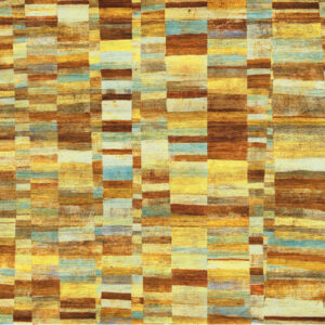 Abstract patroon van rechthoekige stroken in warme geel-, bruin- en blauwtonen, gebaseerd op het ontwerp VP-728-01.