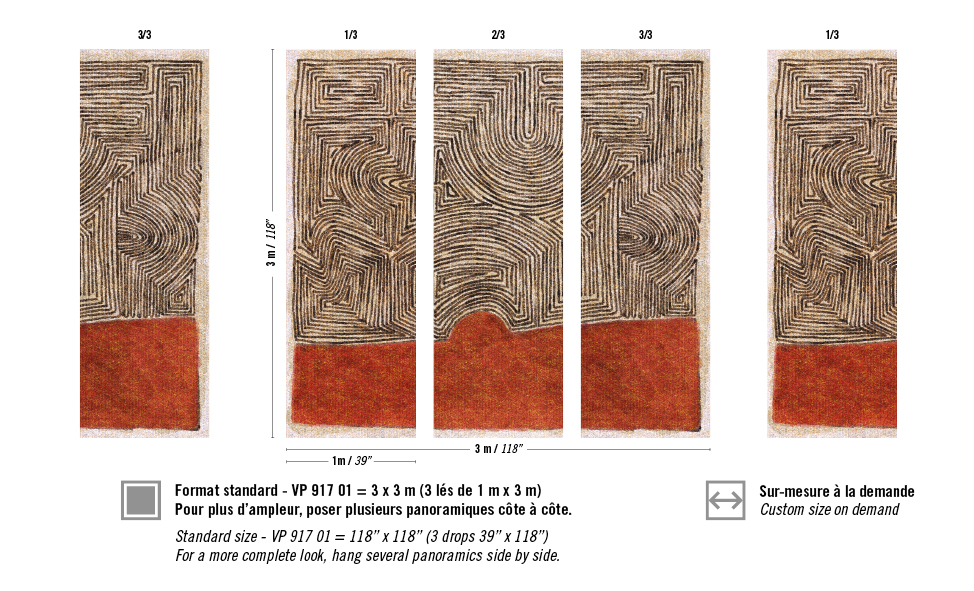 Drie meter hoge wandpanelen van het model VP-917-01 met abstract doolhofpatroon boven een rood vlak, geschikt voor combinatie tot een panoramisch geheel.