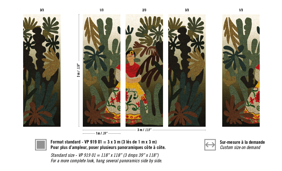 Decoratief wandpaneel VP-919-01 met een kleurrijke vrouwelijke figuur in traditionele klederdracht omgeven door weelderige, gestileerde jungleplanten.