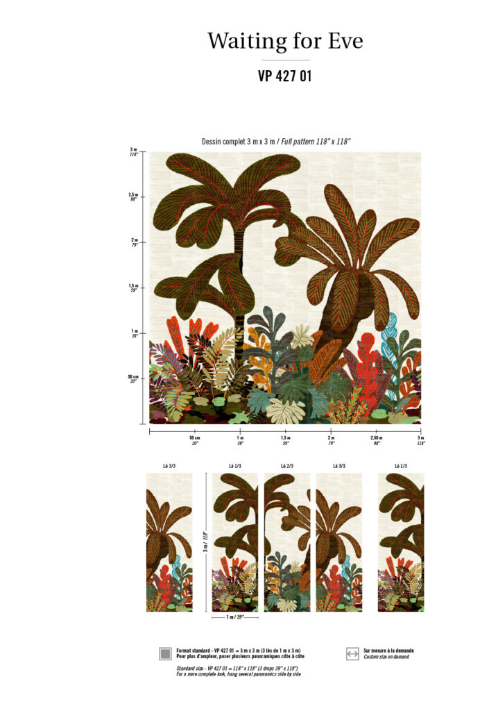 Illustratie van een kleurrijk tropisch woud met grote palmbomen en weelderige planten, getiteld "Waiting for Eve".