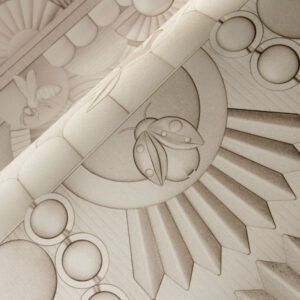 Detail van de wandbekleding Greenhouse Gathering Arch met gestileerde insecten en geometrische patronen in een zachte, neutrale tint.