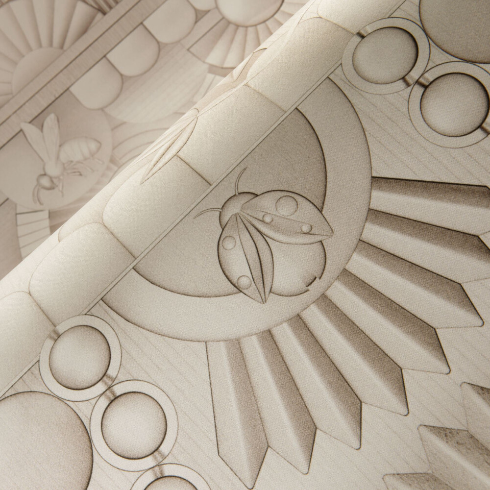 Detail van de wandbekleding Greenhouse Gathering Arch met gestileerde insecten en geometrische patronen in een zachte, neutrale tint.
