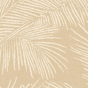 Beige behang met een reliëfpatroon van grote palmbladeren uit de Arte Lanai Maui collectie.