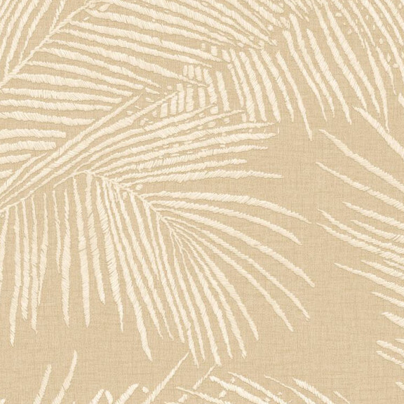 Beige behang met een reliëfpatroon van grote palmbladeren uit de Arte Lanai Maui collectie.