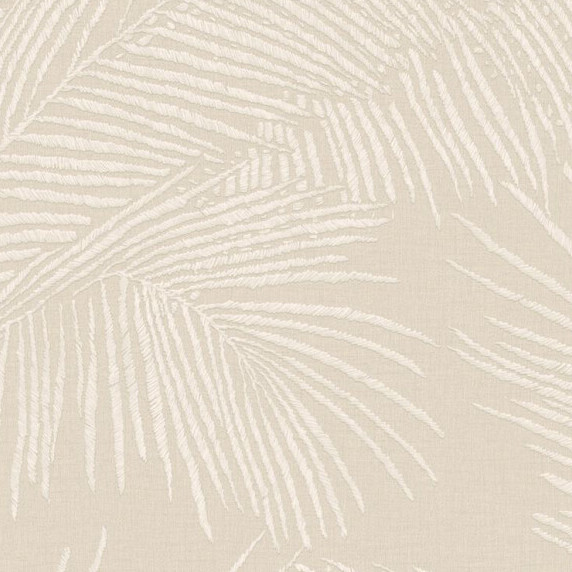Beige behang met een subtiel patroon van tropische palmbladeren uit de Arte Lanai Maui 81536 collectie.