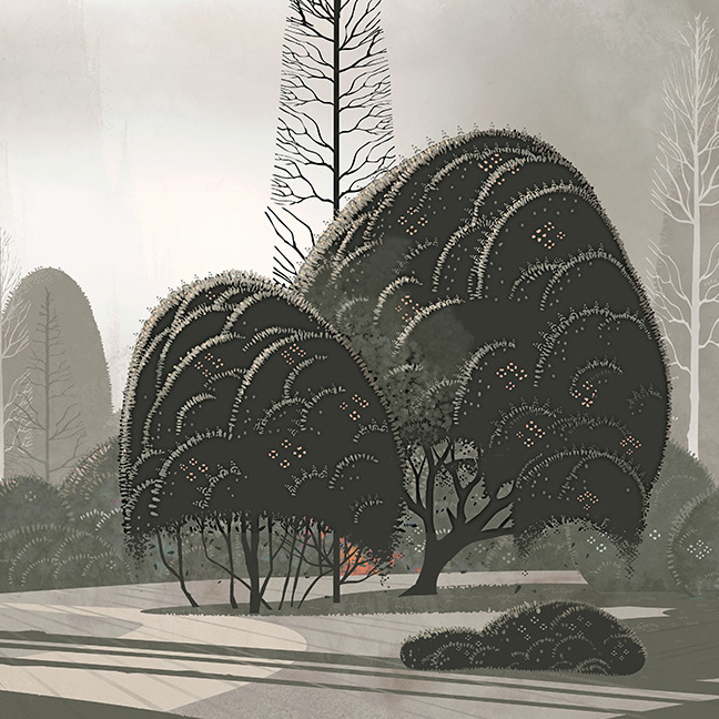 Gestileerde illustratie van een mystieke tuin met sierlijk gevormde bomen en een zachte, dromerige achtergrond.