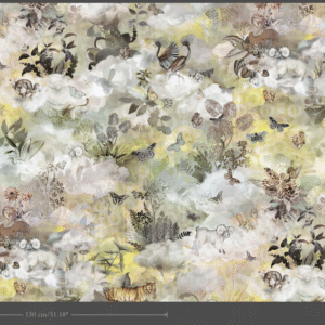 Decoratief Moooi Medley-behang met een gedetailleerd natuurpatroon van dieren, planten en bloemen in zachte pastelkleuren.