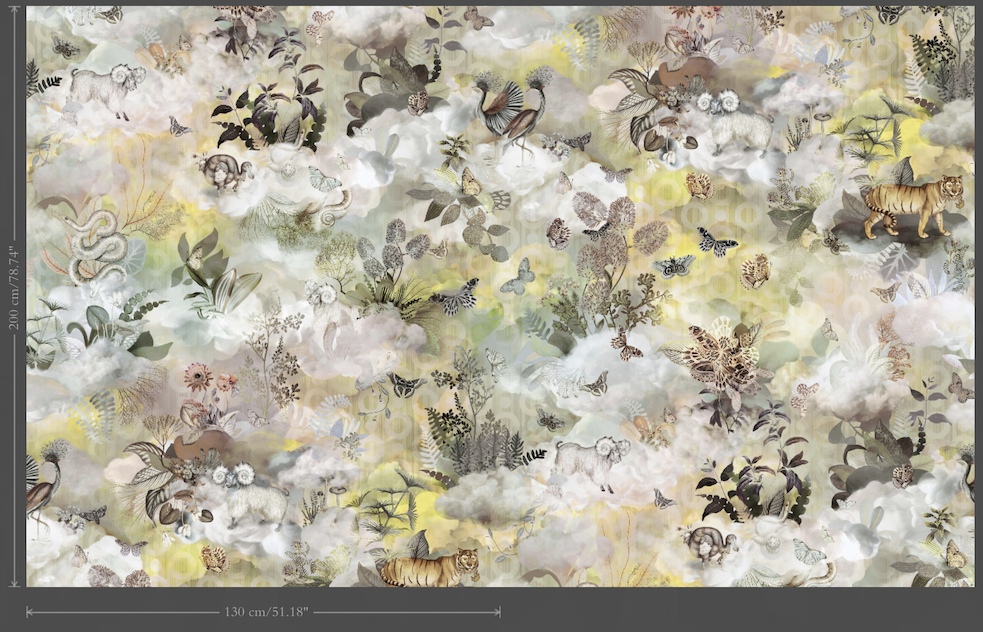 Decoratief Moooi Medley-behang met een gedetailleerd natuurpatroon van dieren, planten en bloemen in zachte pastelkleuren.